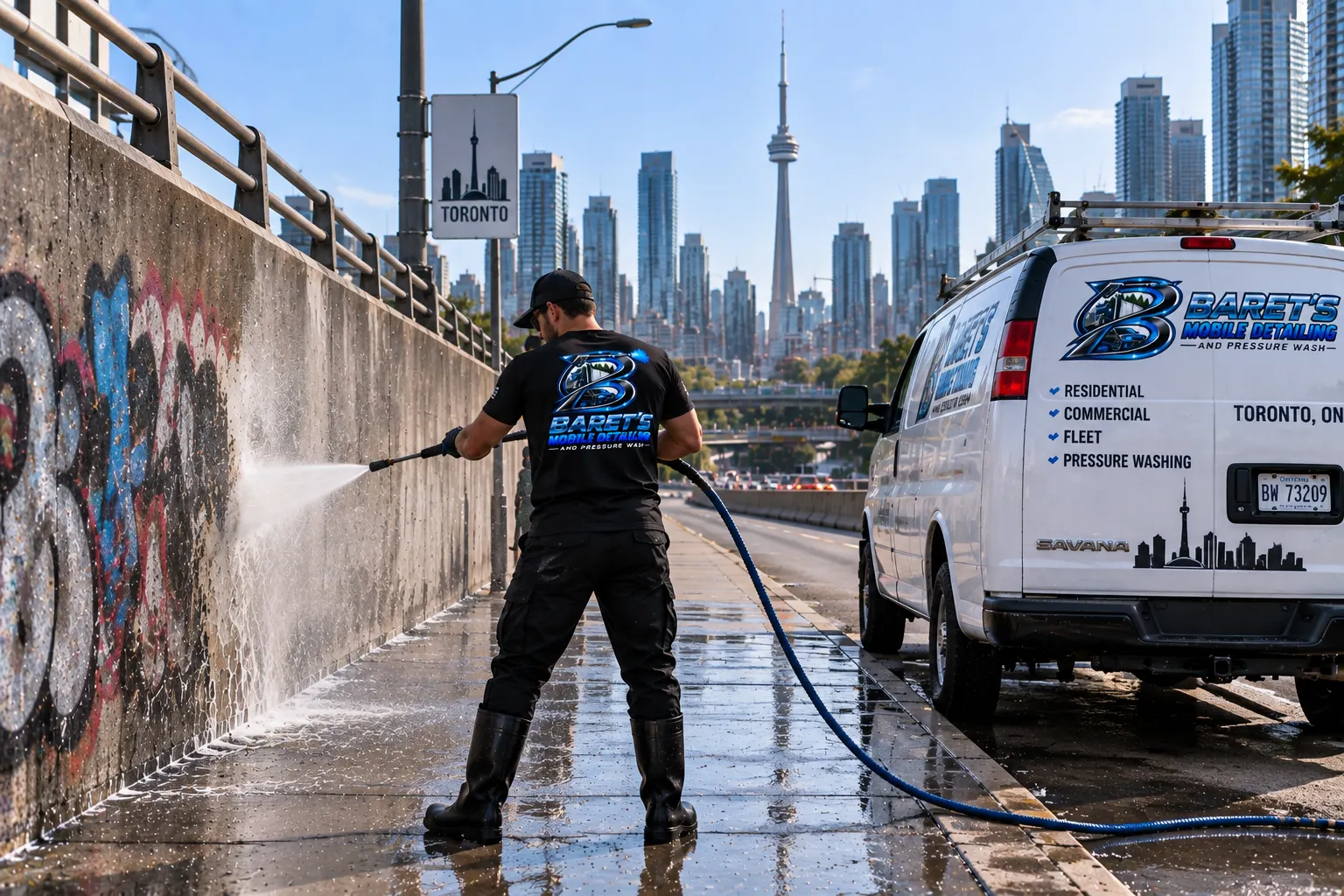 Graffiti removal on a Toronto wall