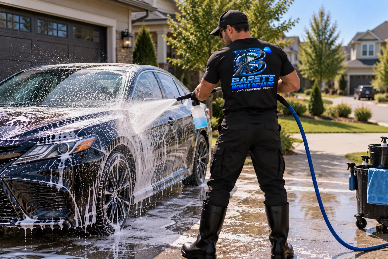 Mobile car detailing foam wash in a Toronto driveway